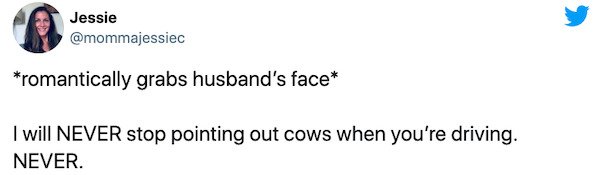 funny tweets about masturbating - Jessie romantically grabs husband's face I will Never stop pointing out cows when you're driving. Never.