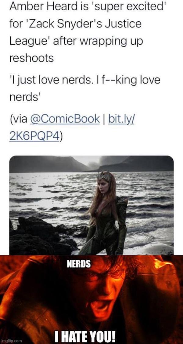 poster - Amber Heard is 'super excited' for 'Zack Snyder's Justice League' after wrapping up reshoots 'I just love nerds. Ifking love nerds' via | bit.ly 2KOPQP4 Nerds I Hate You! imgfip.com