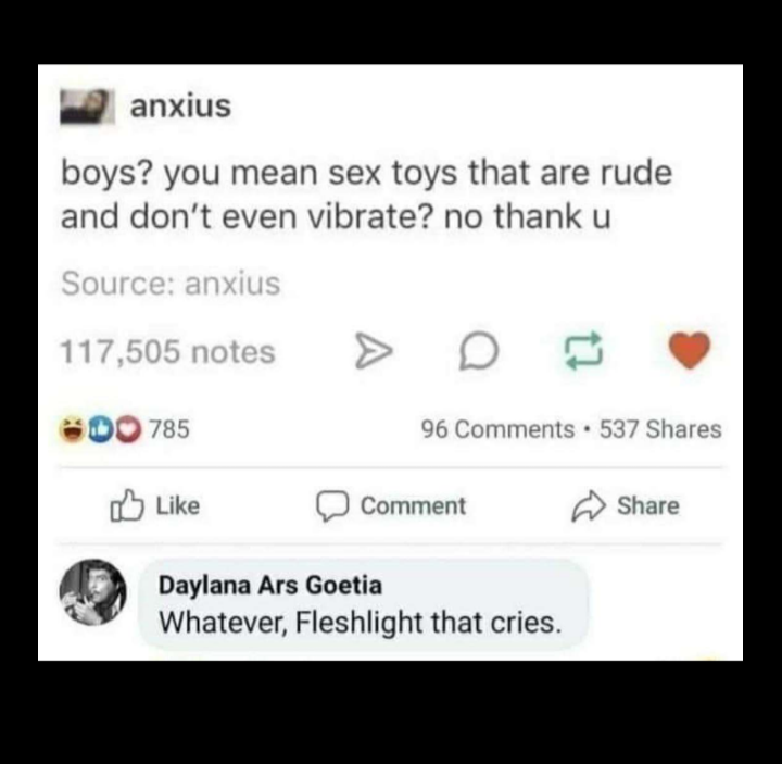 screenshot - anxius boys? you mean sex toys that are rude and don't even vibrate? no thank u Source anxius 117,505 notes Do 785 96 537 Comment Daylana Ars Goetia Whatever, Fleshlight that cries.