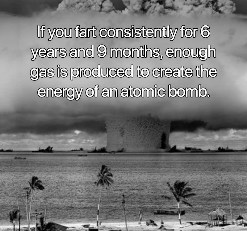 interesting facts - If you fart consistently for 6 years and 9 months, enough gas is produced to create the energy of an atomic bomb.