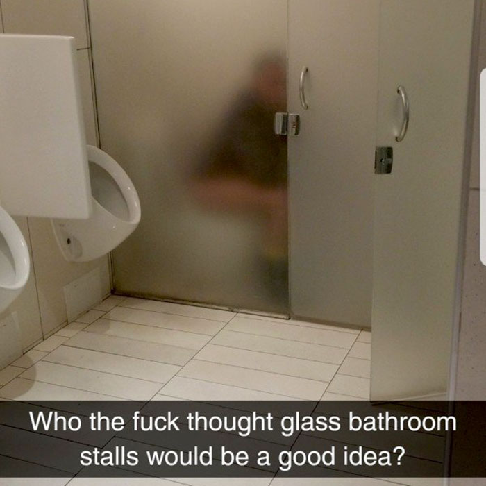 glass bathroom stall - Who the fuck thought glass bathroom stalls would be a good idea?