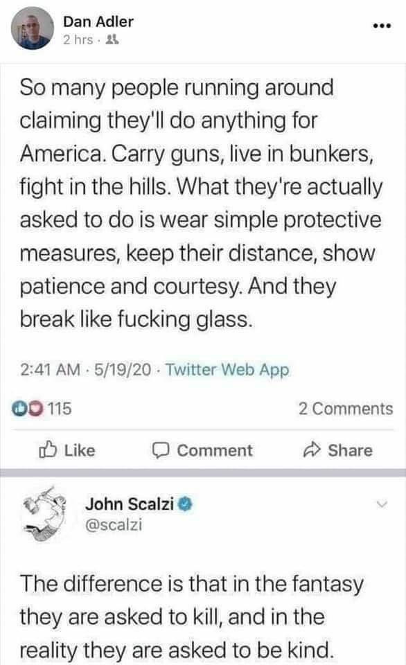 funny comments - So many people running around claiming they'll do anything for America. Carry guns, live in bunkers, fight in the hills. What they're actually asked to do is wear simple protective measures, keep their distance, show patience