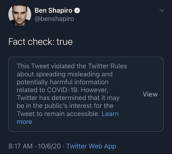 cringeworthy posts - ben shapiro fact check tweet - Ben Shapiro Fact check true This Tweet violated the Twitter Rules about spreading misleading and potentially harmful information related to Covid19. However, Twitter has determined that it may be in the 