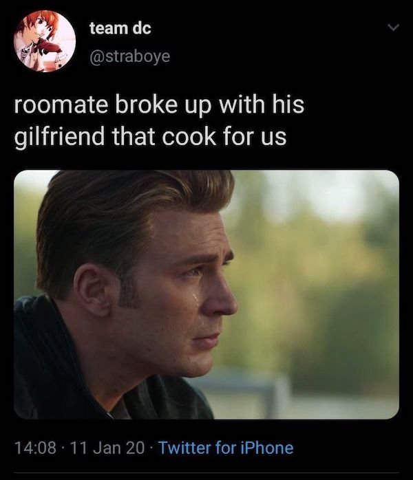 cringeworthy posts - steve rogers crying gif - team dc roomate broke up with his gilfriend that cook for us 11 Jan 20 Twitter for iPhone