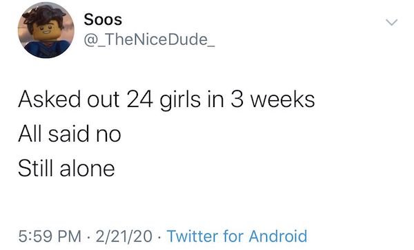 cringeworthy posts - funny lesbian tweets - Soos Dude Asked out 24 girls in 3 weeks All said no Still alone 22120 Twitter for Android