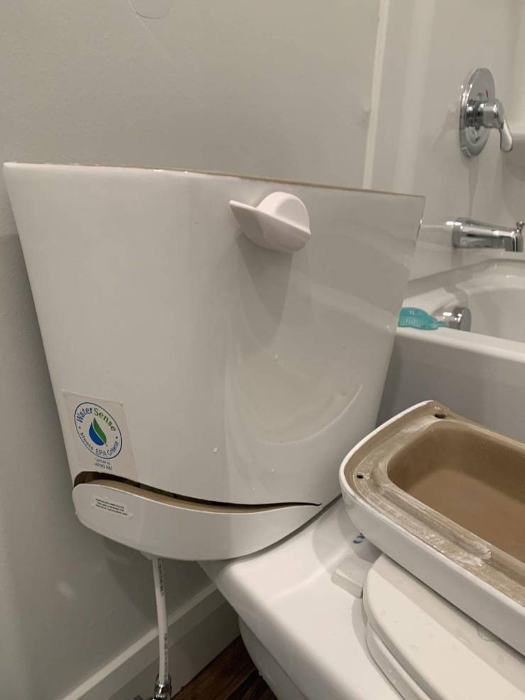 funny fail pics - broken toilet water tank