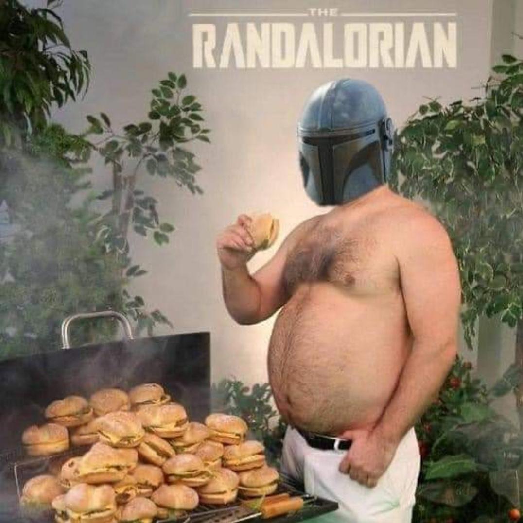 funny memes -- the randalorian fat guy eating hamburgers with no shirt.
