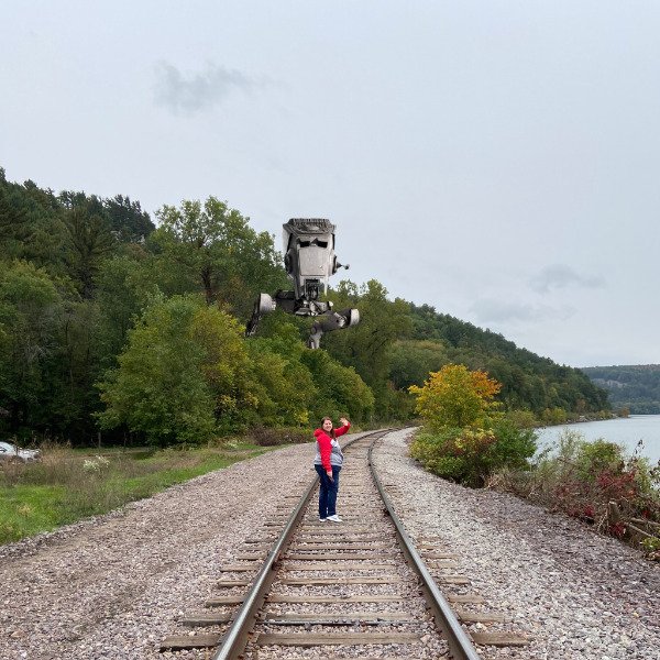 funny memes - woman walking on train tracks with star wars robot behind her