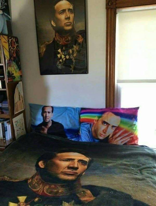 funny memes - nicolas cage posters and bed sheets
