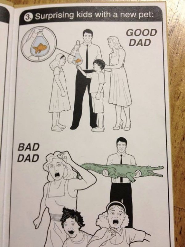 funny memes - good dad surprising kids with goldfish. bad dad giving kids pet alligator