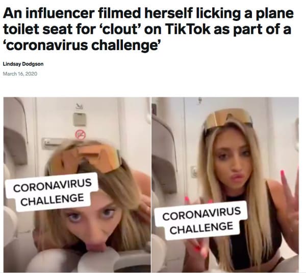 blond - An influencer filmed herself licking a plane toilet seat for 'clout' on TikTok as part of a 'coronavirus challenge' Lindsay Dodgson Coronavirus Challenge Coronavirus Challenge
