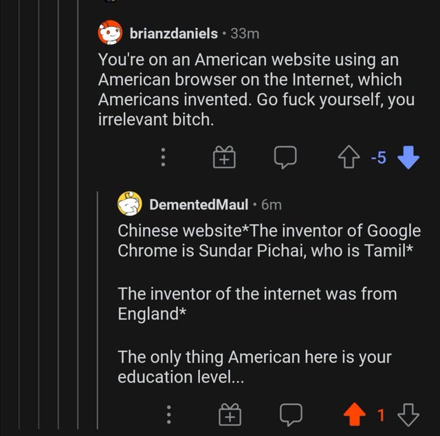 funny comments - You're on an American website using an American browser on the Internet, which Americans invented. Go fuck yourself, you irrelevant bitch. - The inventor of Google Chrome is Sundar Pichai, w