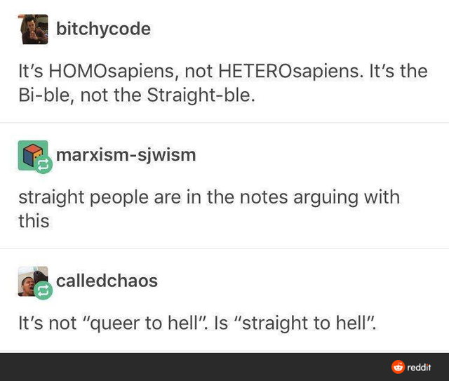 funny comments - It's HOMOsapiens, not HETEROsapiens. It's the Bible, not the Straightble. - straight people are in the notes arguing with this