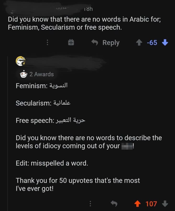 screenshot - 18h Did you know that there are no words in Arabic for; Feminism, Secularism or free speech. 65 2 Awards Feminism Secularism Free speech Did you know there are no words to describe the levels of idiocy coming out of your Edit misspelled a wor