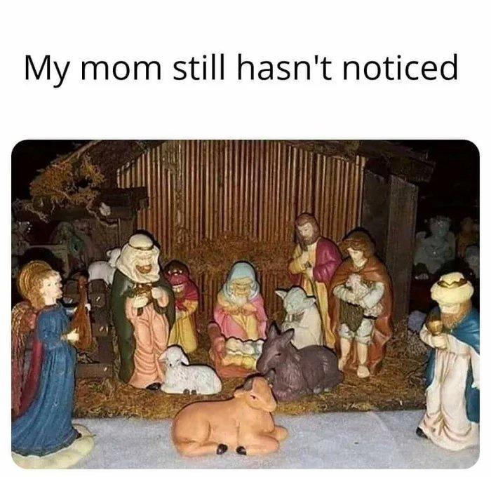 funny pictures and memes - my mom still hasn't noticed star wars yoda action figure in nativity scene