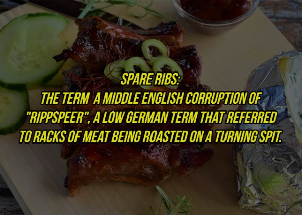 dish - Spare Ribs The Term A Middle English Corruption Of "Rippspeer", A Low German Term That Referred To Racks Of Meat Being Roasted On A Turning Spit.