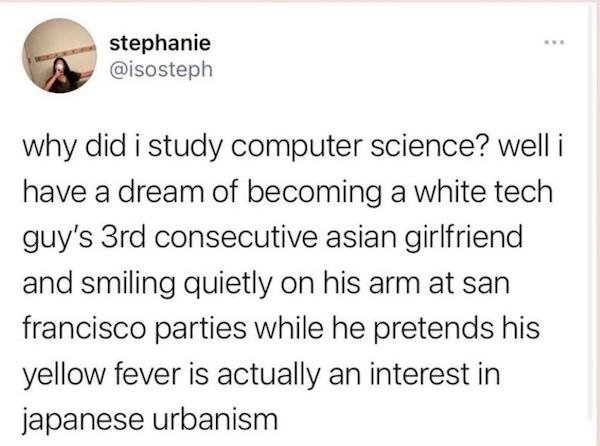 paper - stephanie why did i study computer science? well i have a dream of becoming a white tech guy's 3rd consecutive asian girlfriend and smiling quietly on his arm at san francisco parties while he pretends his yellow fever is actually an interest in j
