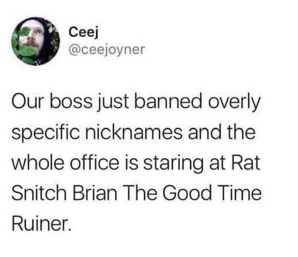 Ceej Our boss just banned overly specific nicknames and the whole office is staring at Rat Snitch Brian The Good Time Ruiner.
