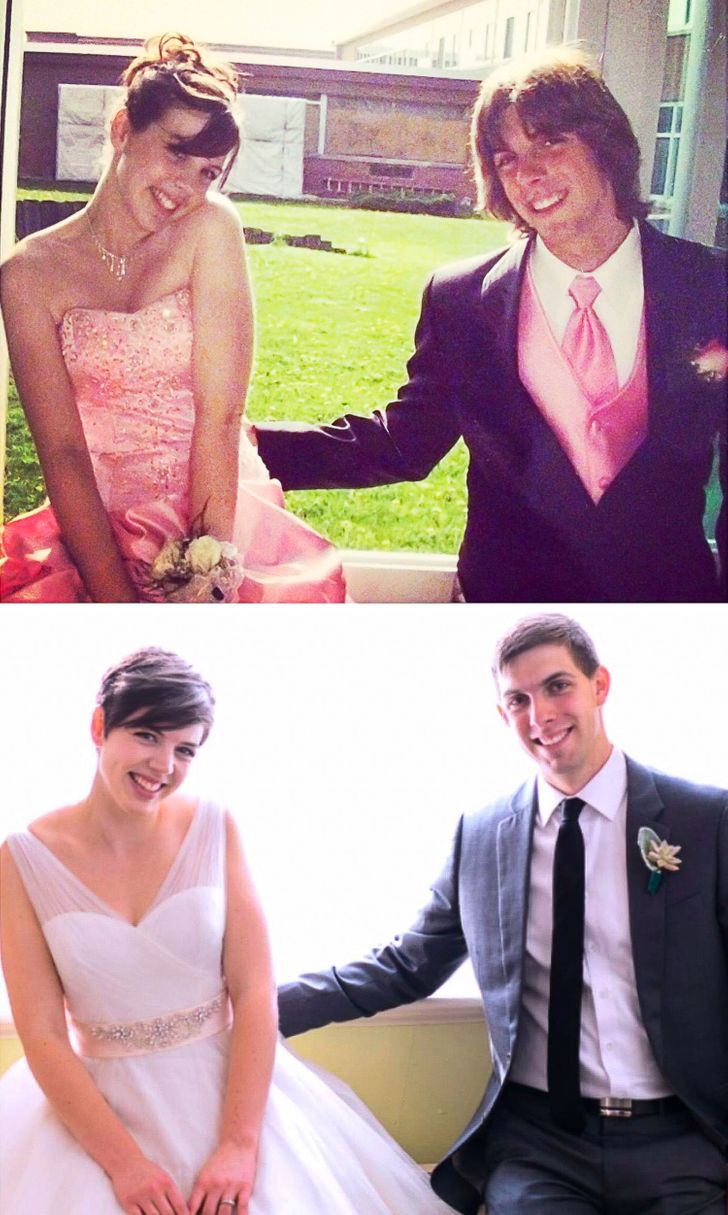 funny photos -- married couple in their prom photo and at their wedding
