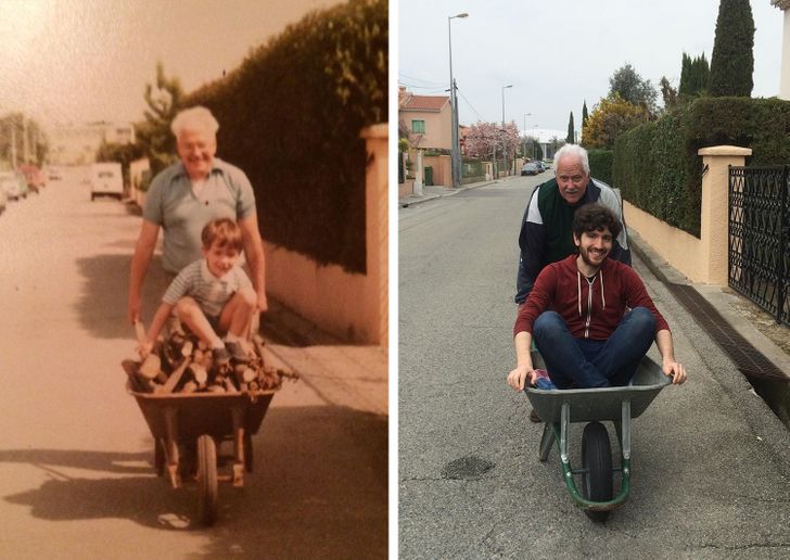 funny photos - kid and grandfather pushing each other in a wheel barrow