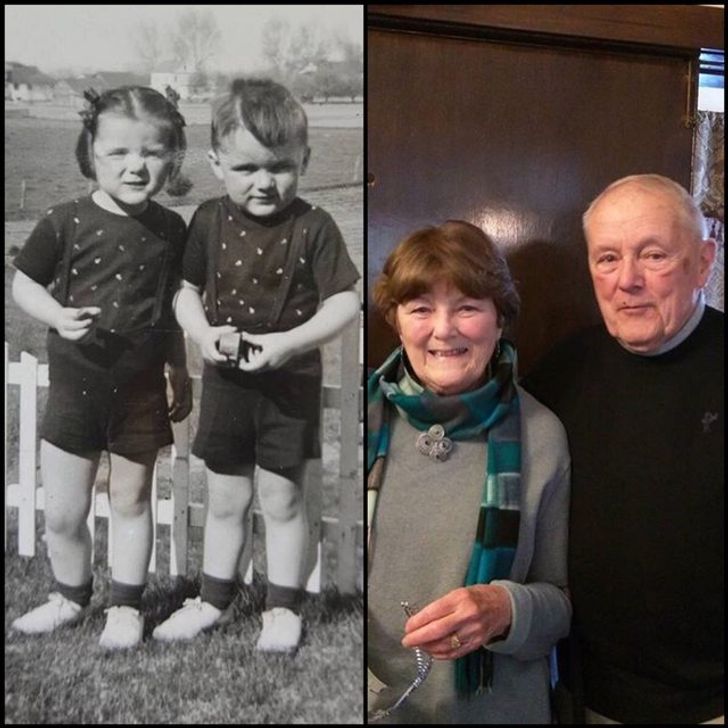 funny photos - grandmother recreating old photo with her twin brother
