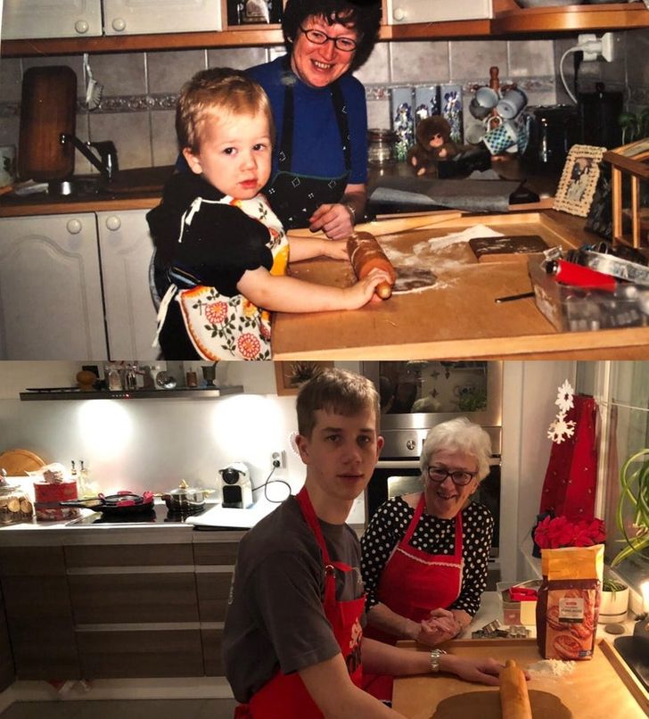 funny photos - grandson and grandmother recreating old family photo