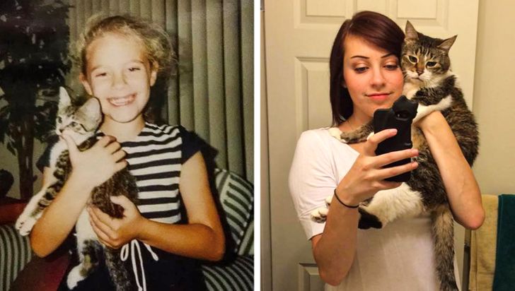 funny photos - woman celebrating having her cat for 20 years