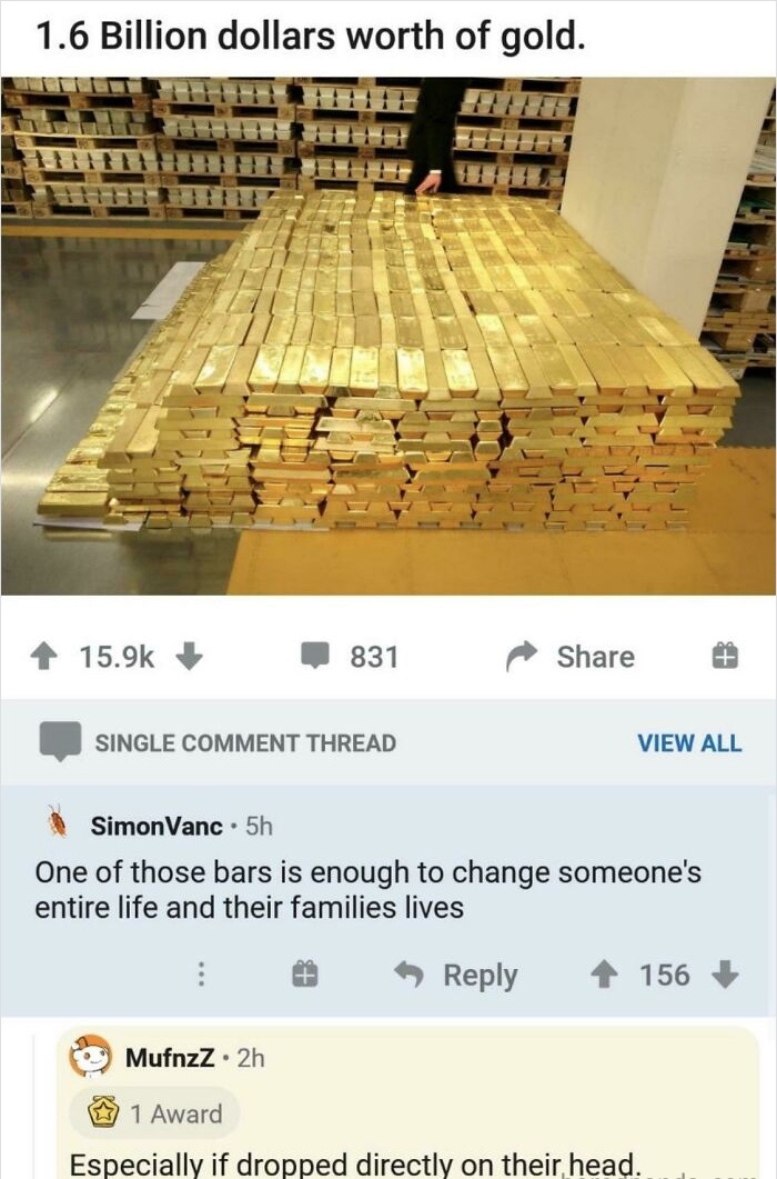 gold pallets - 1.6 Billion dollars worth of gold. 831 Single Comment Thread View All SimonVanc. 5h One of those bars is enough to change someone's entire life and their families lives 156 Mufnzz. 2h 1 Award Especially if dropped directly on their head.