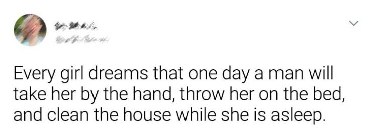 paper - Every girl dreams that one day a man will take her by the hand, throw her on the bed, and clean the house while she is asleep.