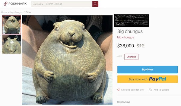 fauna - P Poshmark Listings Search Listings Q Home big chungus Other Big chungus big chungus $38,000 $12 Size Chungus Buy Now Buy now with PayPal and save for later Add To Bundle Big chungus