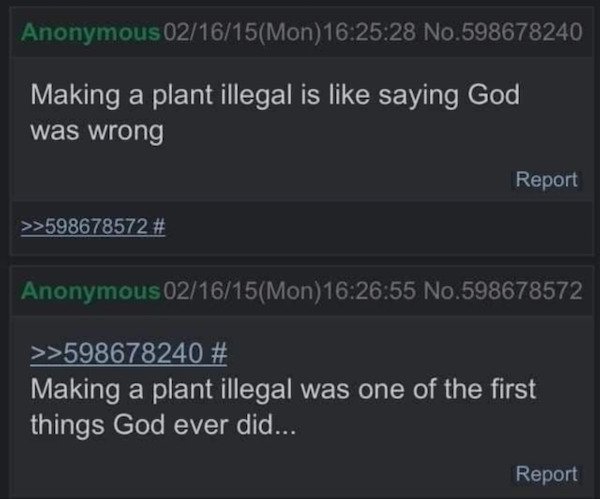 making a plant illegal - Anonymous 021615Mon28 No.598678240 Making a plant illegal is saying God was wrong Report >>598678572 # Anonymous 021615Mon55 No.598678572 >>598678240 # Making a plant illegal was one of the first things God ever did... Report
