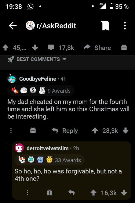 screenshot - 46 0 35 % rAskReddit 45,... Best GoodbyeFeline 4h 3 9 Awards My dad cheated on my mom for the fourth time and she left him so this Christmas will be interesting. detroitvelvetslim. 2h 33 Awards So ho, ho, ho was forgivable, but not a 4th one?