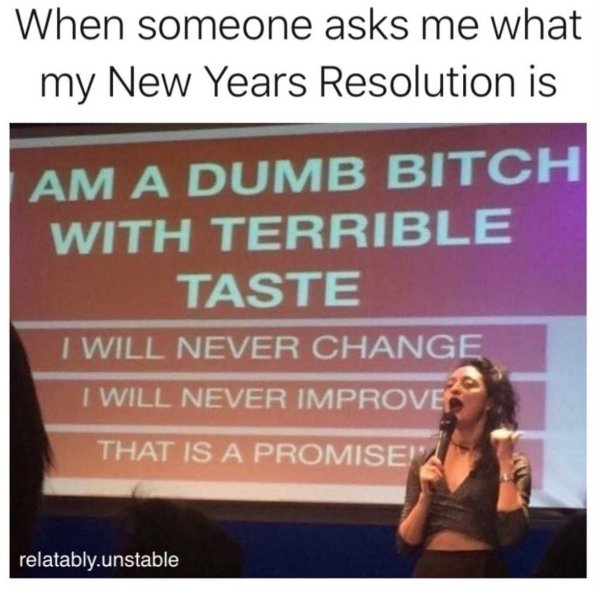 presentation - When someone asks me what my New Years Resolution is Am A Dumb Bitch With Terrible Taste I Will Never Change I Will Never Improve That Is A Promiseiz relatably.unstable