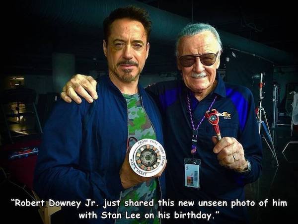 A dEx Proof Ge "Robert Downey Jr. just d this new unseen photo of him with Stan Lee on his birthday."