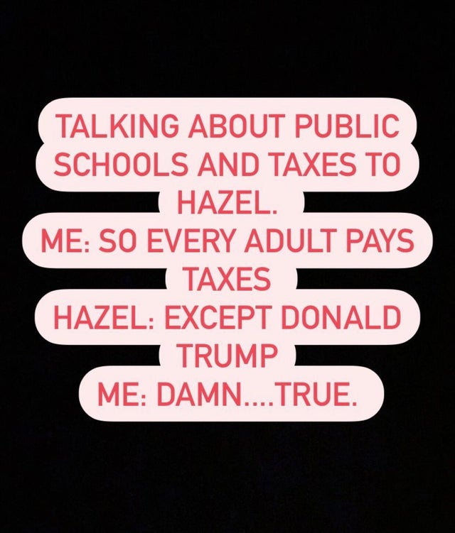 label - Talking About Public Schools And Taxes To Hazel. Me So Every Adult Pays Taxes Hazel Except Donald Trump Me Damn....True.