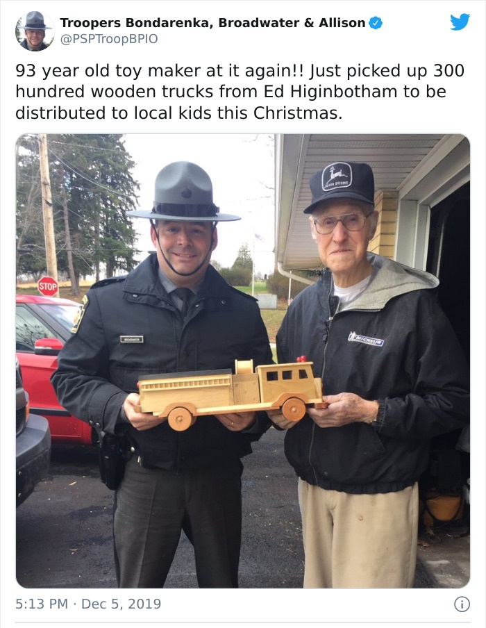 93-Year-Old Toy Maker Makes 300 Wooden Trucks For Kids At Christmas