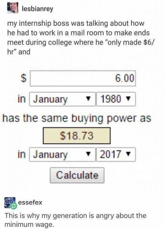 buying power meme - lesbianrey my internship boss was talking about how he had to work in a mail room to make ends meet during college where he "only made $6 hr" and $ 6.00 in has the same buying power as $18.73 in Calculate essefex This is why my generat