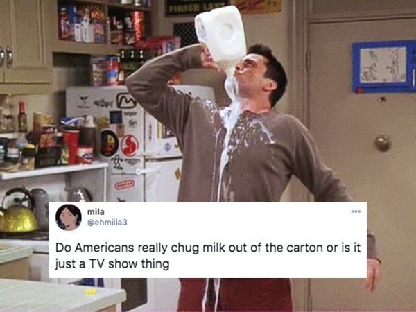funny things americans do - joey drinking milk friends - Do Americans really chug milk out of the carton or is it just a Tv show thing