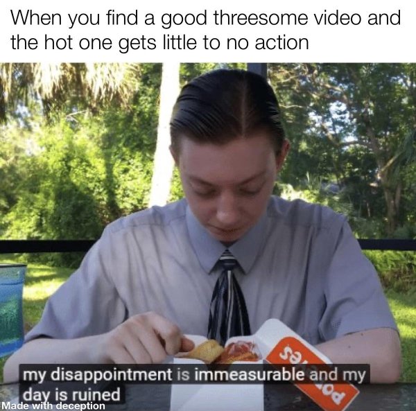 my disappointment is immeasurable and my day - When you find a good threesome video and the hot one gets little to no action my disappointment is immeasurable and my day is ruined od Made with deception