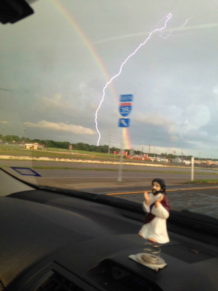 Went To Take A Picture Of The Rainbow And Lightning Struck At The Same Time!