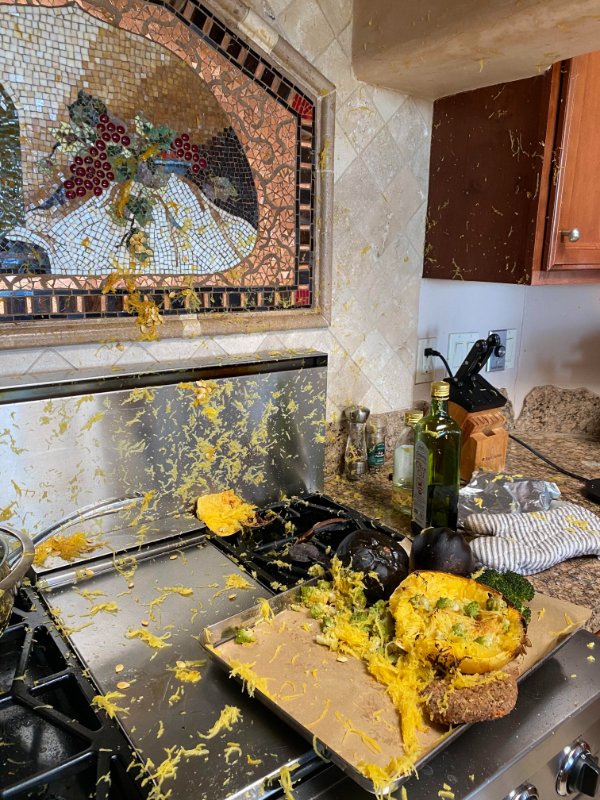 “This is what happens when you forget to poke a hole in spaghetti squash and then attempt to cut it after it’s baked. It explodes in your face!”