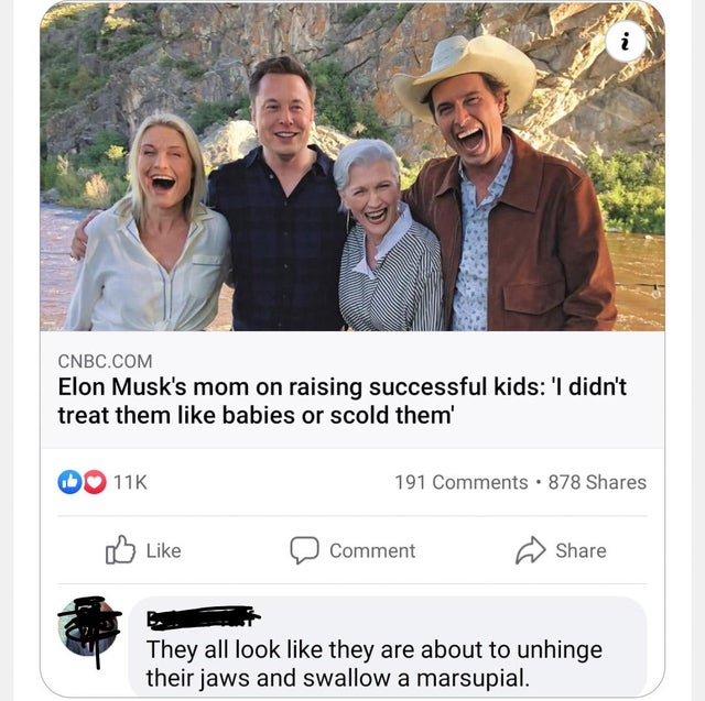 elon musk family - N. Cnbc.Com Elon Musk's mom on raising successful kids 'I didn't treat them babies or scold them' 11K 191 . 878 Comment They all look they are about to unhinge their jaws and swallow a marsupial.