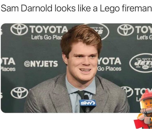 sam darnold lego meme - Sam Darnold looks a Lego fireman Toyota Toy Let's Go Plac Let's G Ta Places Yota Go Places Ptcy Le Siny