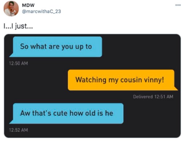 funny tweets - software - Mdw I...I just... So what are you up to Watching my cousin vinny! Delivered Aw that's cute how old is he
