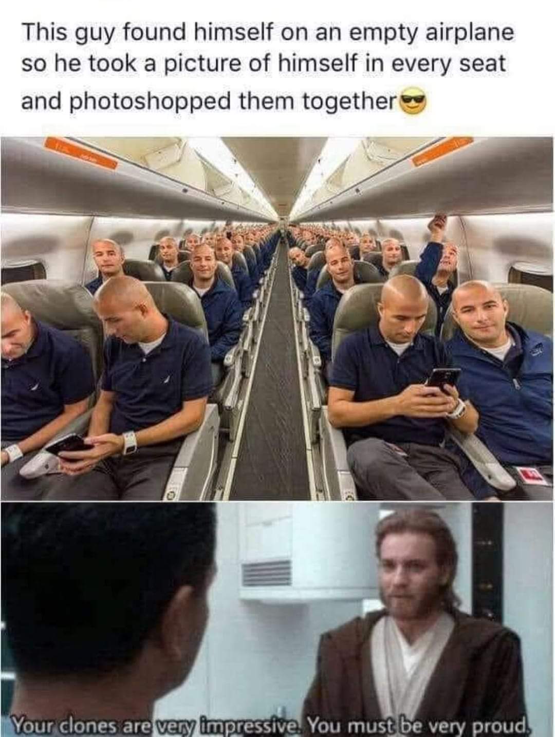 guy was alone in a flight so he clicked his photo on every seat and later edited it - This guy found himself on an empty airplane so he took a picture of himself in every seat and photoshopped them together Your clones are very impressive. You must be ver