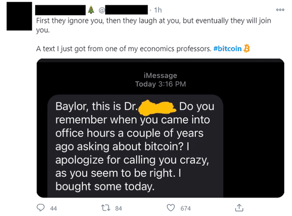 Ooo 1h First they ignore you, then they laugh at you, but eventually they will join you. A text I just got from one of my economics professors. B iMessage Today Do you Baylor, this is Dr. remember when you came into office hours a couple of years ago…