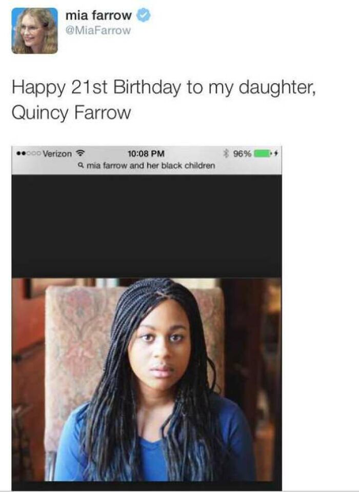 mia farrow and her black children - mia farrow Farrow Happy 21st Birthday to my daughter, Quincy Farrow .000 Verizon 9696 a mia farrow and her black children