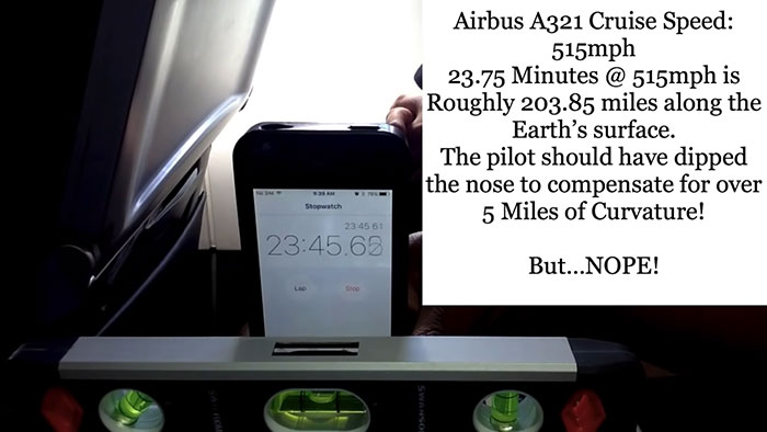 electronics - Airbus A321 Cruise Speed 515mph 23.75 Minutes @ 515mph is Roughly 203.85 miles along the Earth's surface. The pilot should have dipped the nose to compensate for over 5 Miles of Curvature! Stopwatch 2345 61 .63 But...Nope!
