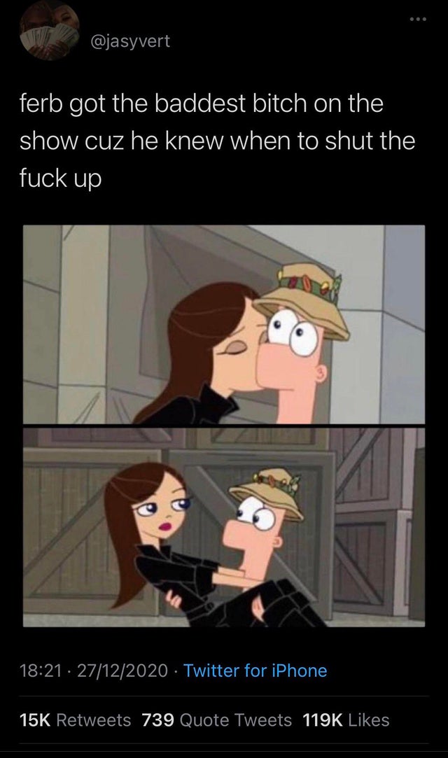 Ferb Fletcher - ferb got the baddest bitch on the show cuz he knew when to shut the fuck up 27122020 Twitter for iPhone 15K 739 Quote Tweets