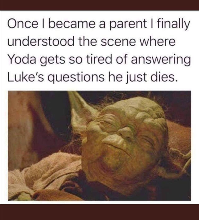 once i became a parent i finally understood yoda - Once I became a parent I finally understood the scene where Yoda gets so tired of answering Luke's questions he just dies.